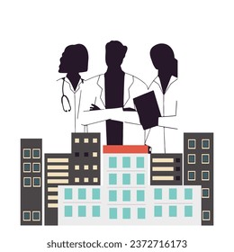 Ilustración de vectores sobre un tema médico, ilustración de un hospital, silueta de médicos, tema médico