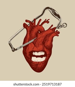 Ilustración vectorial sobre un tema médico con un corazón humano con una sonrisa agresiva y una sierra quirúrgica para la amputación