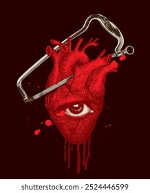 Ilustración vectorial sobre un tema médico con un corazón humano con ojo humano y una sierra quirúrgica para la amputación