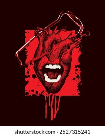 ilustração vetorial sobre um tema médico com um coração humano com uma boca com um sorriso agressivo e uma serra cirúrgica para amputação sobre fundo de sangue vermelho e preto