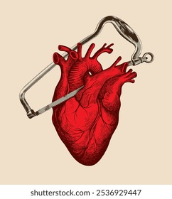Vektorgrafik zum Thema Medizin mit einem menschlichen Herz und einer chirurgischen Säge zur Amputation