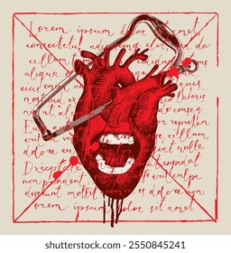 Ilustración vectorial sobre un tema médico con un corazón humano con una sonrisa agresiva y sierra quirúrgica para la amputación con salpicaduras de sangre y texto escrito a mano Lorem Ipsum