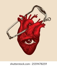 vector illustration on a medical theme with a human heart with human eye and a surgical saw for amputation