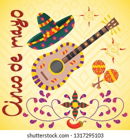 vector illustration on Mexican theme of Cinco de mayo celebration in flat guitar sombrero style and maracas for decoration and design