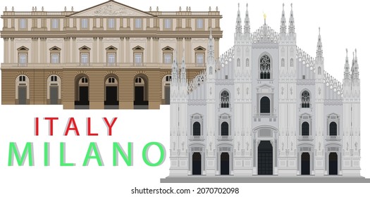 Vector illustration on the Milan cathedral (Duomo di Milano) and La Scala (Teatro alla Scala) opera house isolated in white, Italy