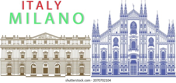 Vector illustration on the Milan cathedral (Duomo di Milano) and La Scala (Teatro alla Scala) opera house isolated in white, Italy