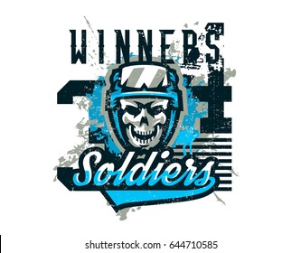 Vector illustration on a military theme, soldier, warrior, skull in helmet. Grunge effect, text, lettering. Typography, T-shirt graphics, print, banner, poster, flyer.