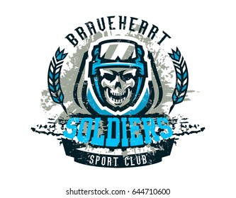Vector illustration on a military theme, soldier, warrior, skull in helmet. Grunge effect, text, lettering. Typography, T-shirt graphics, print, banner, poster, flyer.