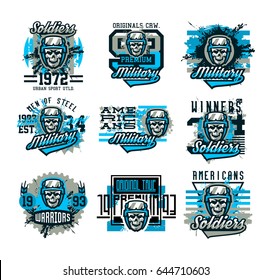 Vector illustration on a military theme, soldier, warrior, skull in helmet. Grunge effect, text, lettering. Typography, T-shirt graphics, print, banner, poster, flyer.