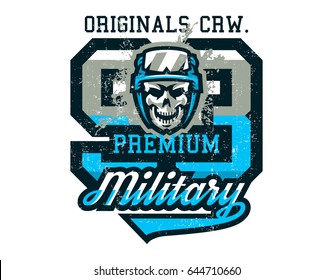 Vector illustration on a military theme, soldier, warrior, skull in helmet. Grunge effect, text, lettering. Typography, T-shirt graphics, print, banner, poster, flyer.