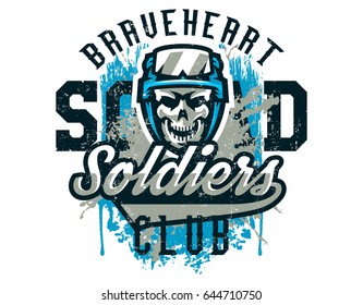 Vector illustration on a military theme, soldier, warrior, skull in helmet. Grunge effect, text, lettering. Typography, T-shirt graphics, print, banner, poster, flyer.