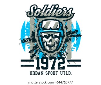 Vector illustration on a military theme, soldier, warrior, skull in helmet. Grunge effect, text, lettering. Typography, T-shirt graphics, print, banner, poster, flyer.