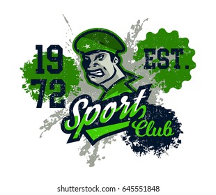 Vector illustration on a military theme, soldier in a beret, national defender. Grunge effect, text, inscription. Typography, T-shirt graphics, print, banner, poster, flyer