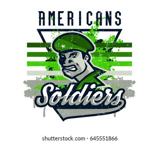 Vector illustration on a military theme, soldier in a beret, national defender. Grunge effect, text, inscription. Typography, T-shirt graphics, print, banner, poster, flyer