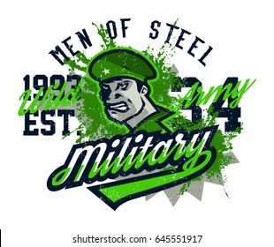 Vector illustration on a military theme, soldier in a beret, national defender. Grunge effect, text, inscription. Typography, T-shirt graphics, print, banner, poster, flyer