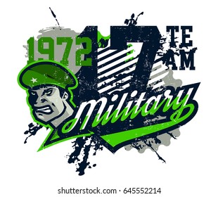 Vector illustration on a military theme, soldier in a beret, national defender. Grunge effect, text, inscription. Typography, T-shirt graphics, print, banner, poster, flyer
