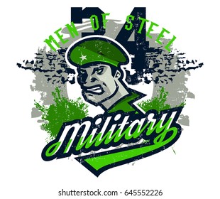Vector illustration on a military theme, soldier in a beret, national defender. Grunge effect, text, inscription. Typography, T-shirt graphics, print, banner, poster, flyer