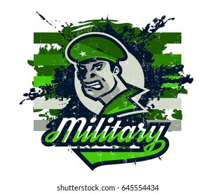 Vector illustration on a military theme, soldier in a beret, national defender. Grunge effect, text, inscription. Typography, T-shirt graphics, print, banner, poster, flyer