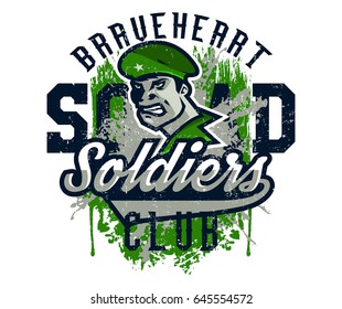 Vector illustration on a military theme, soldier in a beret, national defender. Grunge effect, text, inscription. Typography, T-shirt graphics, print, banner, poster, flyer