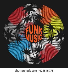 Vector Illustration On A Musical Party In The Style Of Funk Music. Stylization Of A Vinyl Record. Grunge Background. Typography, T-shirt Graphics, Poster, Banner, Flyer, Postcard