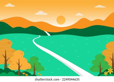Vector illustration on nature and mountain with sunshine landscape with the road on hill