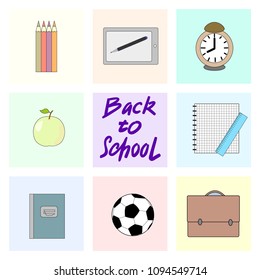 Vector illustration on a new school year theme, school supplies, school bag, pencils, paint, notebook.