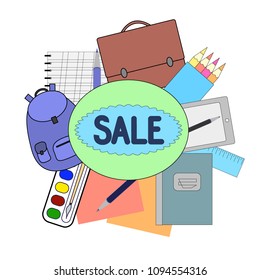 Vector illustration on a new school year theme, school supplies, school bag, pencils, paint, notebook, sale time