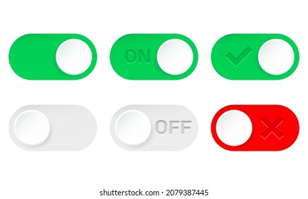 Vector illustration of on and off slider button. Suitable for design element of app user interface. Modern green, grey and red slider button. svg