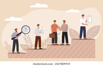 Vector illustration on onboarding concept. The concept of employee adaptation to a new job. The HR manager hires an employee or employees for a job. Talent attraction illustration.