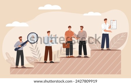 Vector illustration on onboarding concept. The concept of employee adaptation to a new job. The HR manager hires an employee or employees for a job. Talent attraction illustration.
