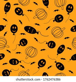 Vector illustration on an orange background with pumpkins, bat and balloons. Halloween festive seamless pattern.