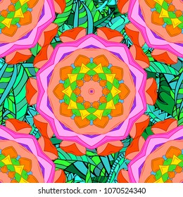 Vector illustration. On orange, pink, green, blue and black colors. Seamless pattern in vintage style with bouquets of flowers.