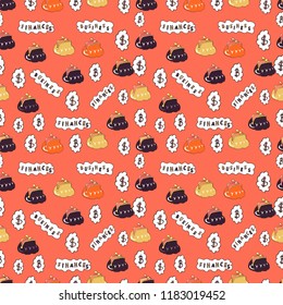 Vector illustration. On orange, white and purple colored background. Bitcoin revenue illustration. Seamless business pattern. Bitcoin growth concept.