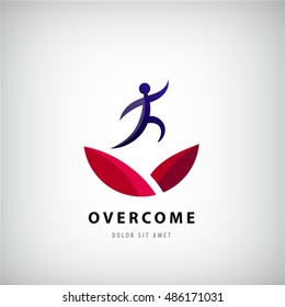 Vector Illustration On Overcoming Challenging Problems And Adversity In Business Concept. Overcome Logo, Jumping Man From One Side To Other, Success, Winner