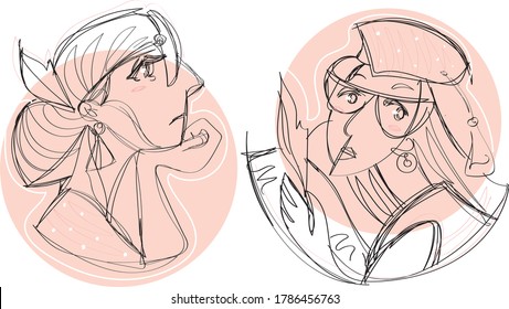 Ilustración vectorial en el fondo rosado. Línea negra sólida, retrato de mujeres inteligentes con gafas , concepto de moda, minimalismo de mujeres hermosas, para camisetas, slogan de diseño gráfico, estilo cómico.vintag