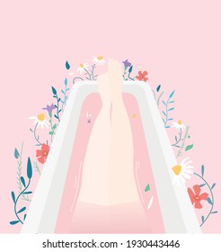 Vector illustration
on a pink background in the bath feet of the girl. The bath is surrounded by beautiful flowers - chamomile, irises, green plants.
Delicate background, flat postcard