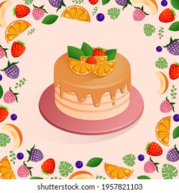 Vector illustration on a pink background cake with orange and strawberry for birthday, wedding, holiday for advertising, postcard, banner, background. Collection of cartoon sweet dessert elements.