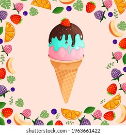 Vector illustration on a pink background ice cream with strawberries and chocolate for birthday, holiday for advertising, postcard, banner, background. Collection of cartoon sweet dessert elements.