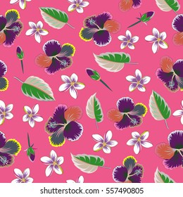Vector illustration on pink background. Hibiscus pattern. Seamless pattern of tropical flowers.