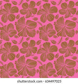 Vector illustration on pink background. Hibiscus pattern. Seamless pattern of tropical flowers.