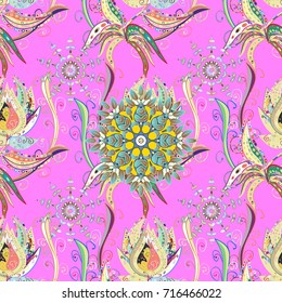 Vector illustration. On pink, beige and neutral colors. 3d flowers, seamless.