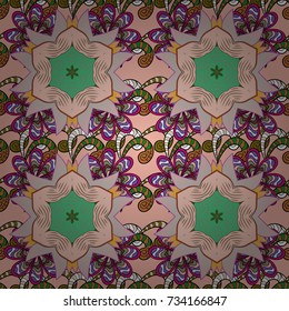 Vector illustration. On pink, beige and gray colors. 3d flowers, seamless.