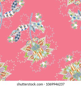 Vector illustration. On pink, gray, neutral, blue and white colors. Seamless pattern in vintage style with bouquets of flowers.
