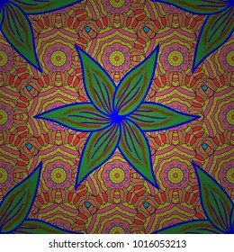 Vector illustration. On pink, green and yellow colors. Seamless pattern in vintage style with bouquets of flowers.