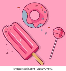 Vector illustration on a pink isolated background of Eskimo ice cream, chupachups, Karmal, lollipop, donut. A food pattern is suitable for a confectionery, cafe, restaurant or advertising of social 