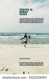 Vector illustration on poster template design of surfing Hawaii Beach and this template would be used as poster, banner and flyer