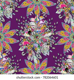 Vector illustration. On purple, blue and neutral colors. A pattern of purple, blue and neutral daisies on a purple, blue and neutral colors.