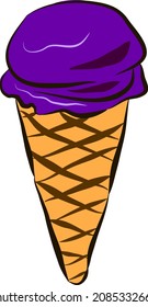 Vector illustration on purple ice cream with one scoop and waffle cone.