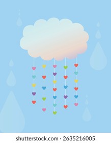 Vector illustration on a rainy day with colorful hearts hanging on cloud