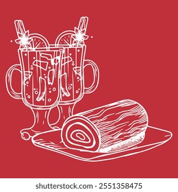 Vector illustration on a red background: two glasses with mulled wine, decorated with cinnamon sticks and anise stars, and in front of them there is a traditional cake in the shape of a chocolate log